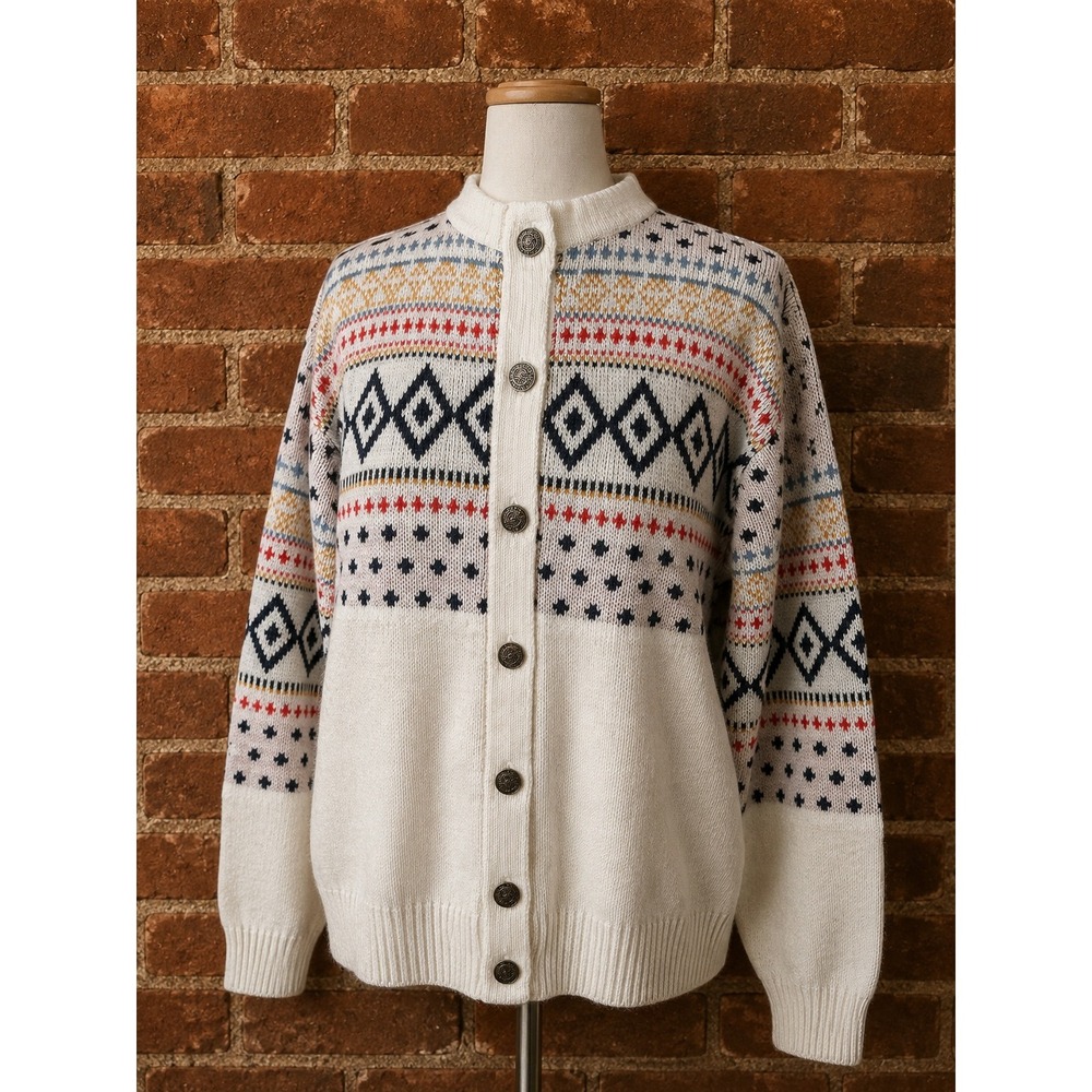 Vintage Fair Isle Knit Cardigan Sweater Nordic Cream Multi Geometric Medium